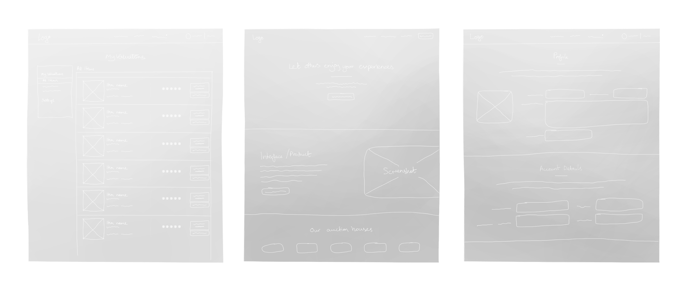 Initial sketches of various screens of the system